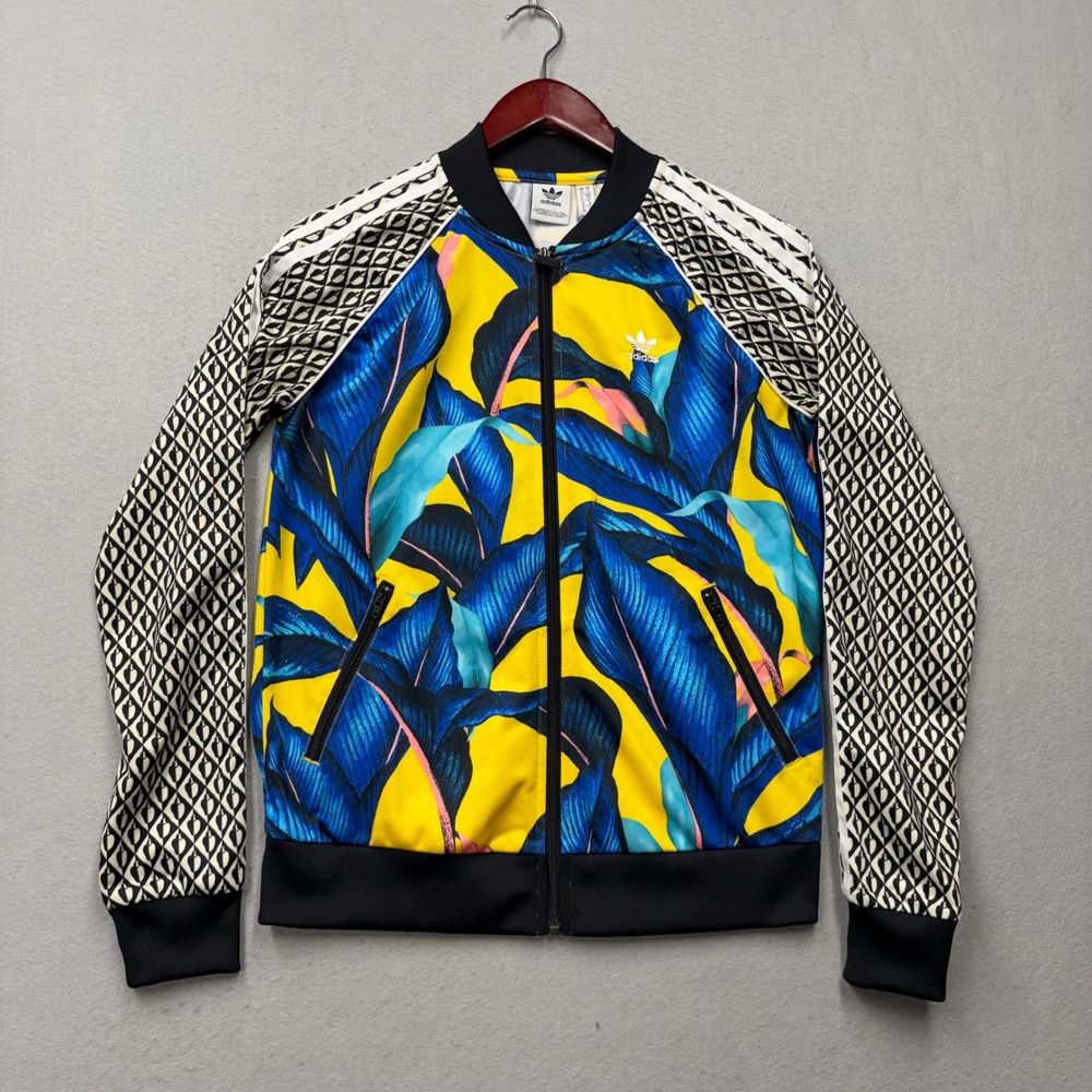 Adidas Track Jacket Womens Small Yellow Blue Farm Rio Floral DH3066 Tropical